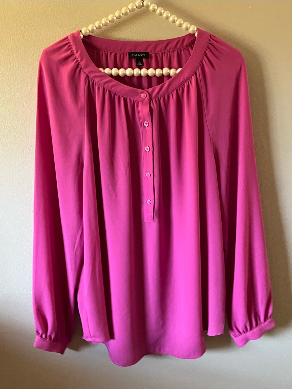 Talbots Fuchsia Pink Long Sleeve Gathered Henley Blouse Size Medium